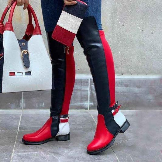 Women's Low Block Heel Boots with Side-Zip Closure & Color-Block Round Toe - Chunky Heel,  Upper, Rubber Sole - All-Black/Black-to-Ankle-Colored for Jeans/Pants - Versatile for Streetwear, Parties, - Easy On/Off Styles