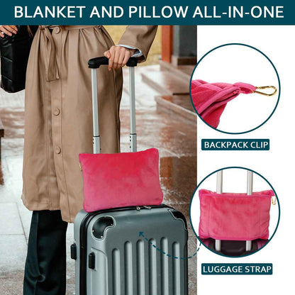Travel Blanket and Pillow - Ultra-Soft, Compact & Lightweight, 65x40 Inches, with Carry Case, Luggage Sleeve & Backpack Clip for Airplane Comfort