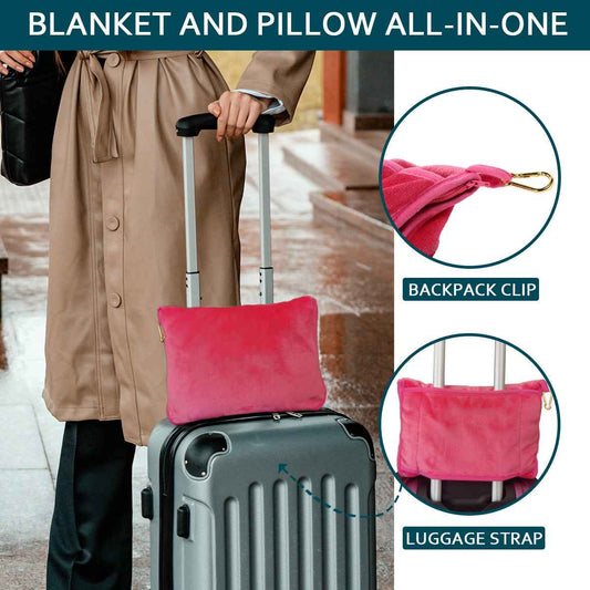 Travel Blanket and Pillow - Ultra-Soft, Compact & Lightweight, 65x40 Inches, with Carry Case, Luggage Sleeve & Backpack Clip for Airplane Comfort