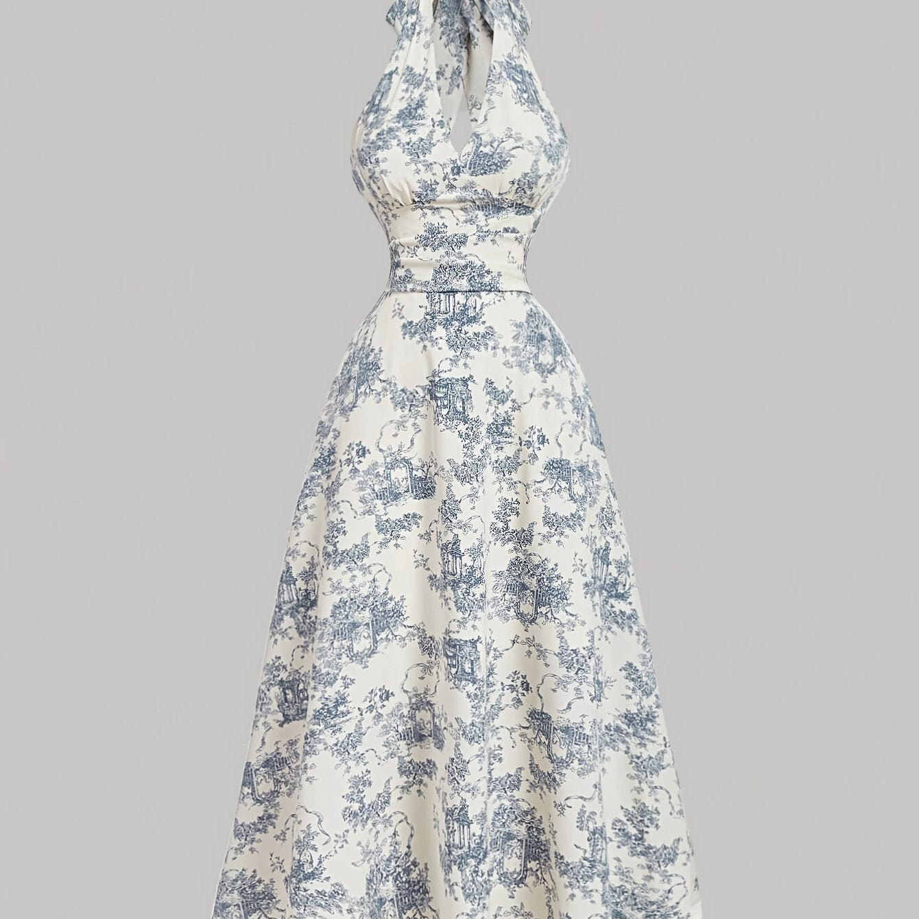 [Print Vintage Dress] Vintage Blue Floral Print Women's Dress - Halter Neck, Backless, A-Line, Long, Ruffled Detail - Semi-Sheer Polyester, Machine Washable SS69 26.69 Mixed Color / XXL