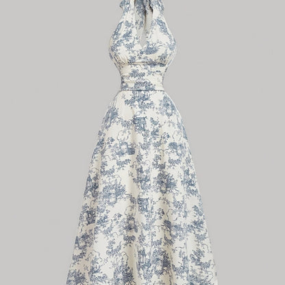 [Print Vintage Dress] Vintage Blue Floral Print Women's Dress - Halter Neck, Backless, A-Line, Long, Ruffled Detail - Semi-Sheer Polyester, Machine Washable SS69 26.69 Mixed Color / XXL