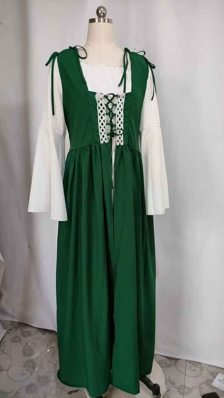 [Elegant Medieval Costume] Elegant Women's Medieval Two-Piece Costume - Renaissance Drama Outfit with Corset-like Bodice & Long Flowing Skirt | Halloween, Renaissance Faire, Themed Parties | Burgundy/White, Black/White, Green