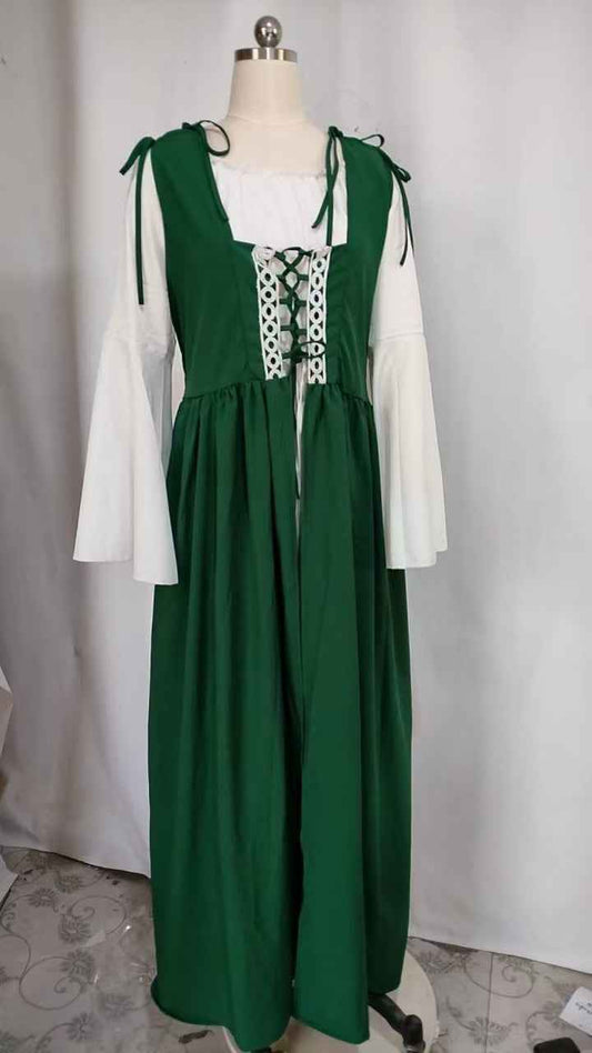 [Elegant Medieval Costume] Elegant Women's Medieval Two-Piece Costume - Renaissance Drama Outfit with Corset-like Bodice & Long Flowing Skirt | Halloween, Renaissance Faire, Themed Parties | Burgundy/White, Black/White, Green