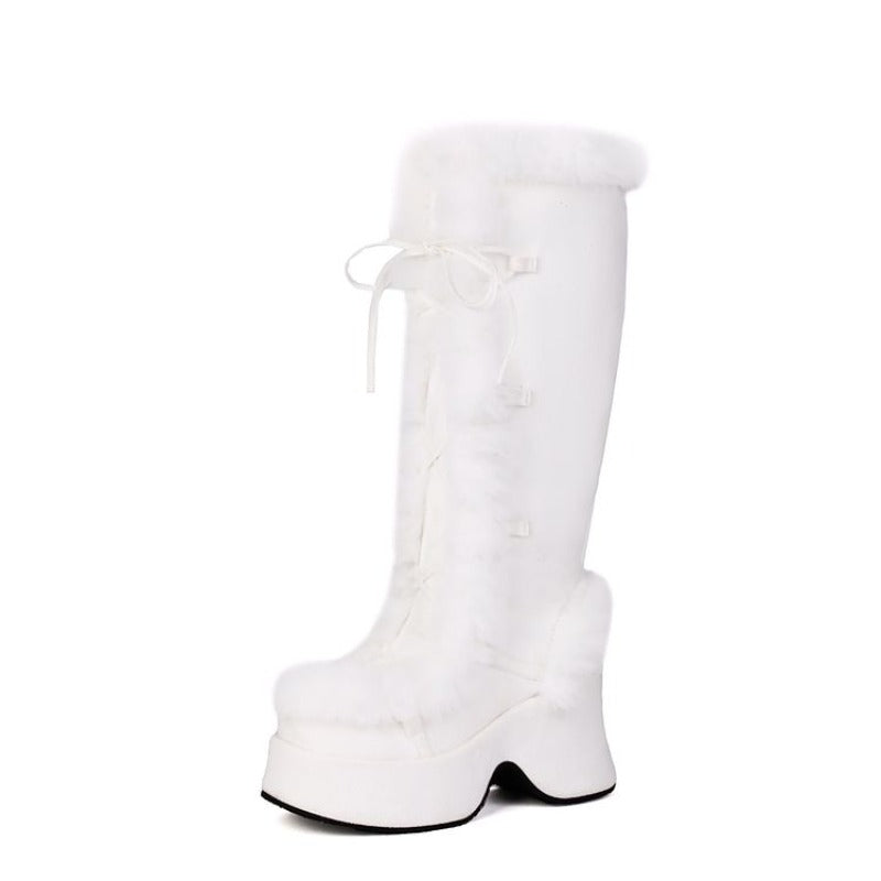 Women's Y2K Goth Boots/Faux Fur Knee-High Platform Winter/Chunky Heel & Lace-Up Closure/Warm Pink Furry Collar/Square Toe/Thick Rubber Sole & PU Cover/Cozy Snow Boots for Christmas, Parties & Casual Attire/Cold Weather Footwe