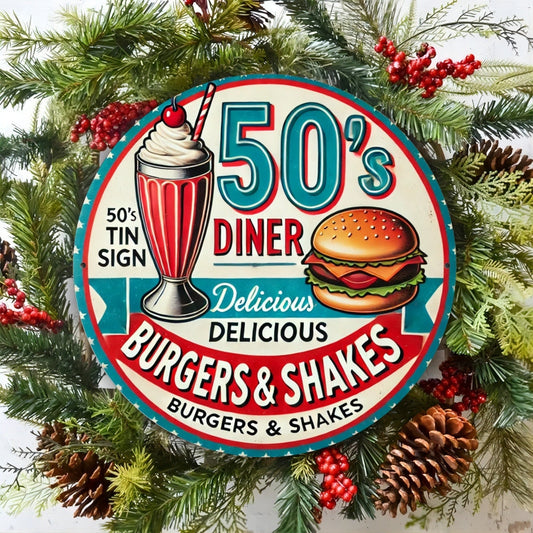 1 Vintage 50'S Diner Metal Sign - Classic Burger & Shake Design, Ideal for Retro Restaurants or Nostalgic Home Kitchen Walls, Durable Iron, 8x8 Inches, Food Wall Art, Perfect for Room Decor SS69 9.69 1pc