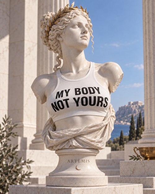 A marble-style female bust statue wearing a white sports tank top printed with the black text 'MY BODY NOT YOURS', set outdoors between large columns with a blue sky and distant hillside city in the background.