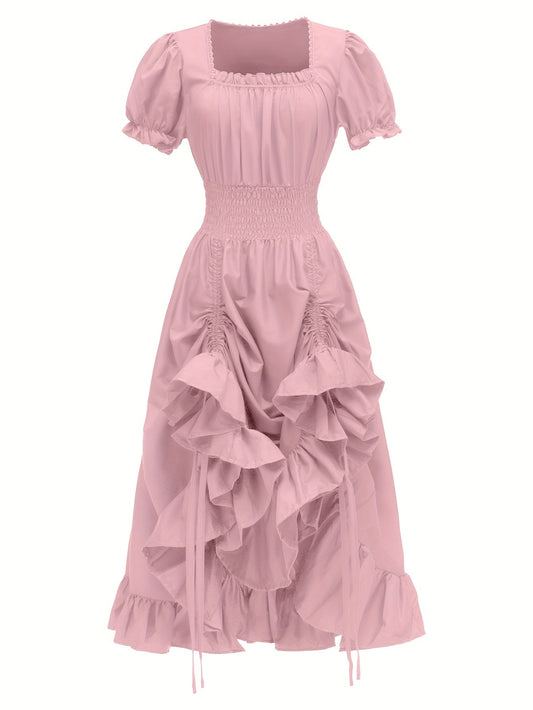 Renaissance Victorian Vintage Square Neck Short Sleeve Dress - Light Blue A-Line Umbrella Skirt with Ruffled Layers, Elegant Cosplay Costume for Halloween, Themed Parties & Special Occasions, Halloween Costumes, Sophisticated SS69