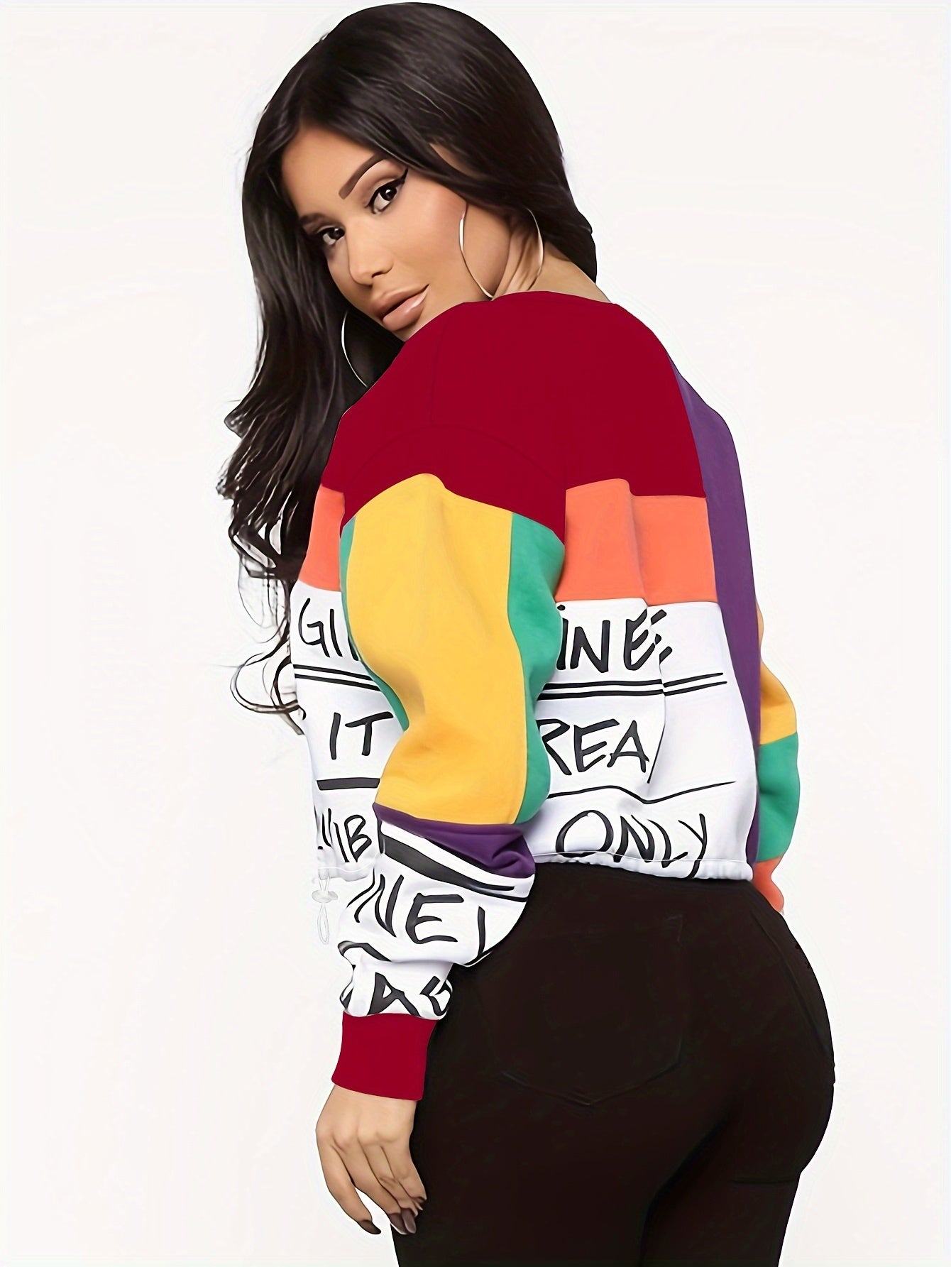 Women'S Color Block Letter Print Sweatshirt - Cozy Long Sleeve Crew Neck For Fall & Winter SS69