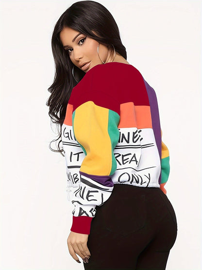 Women'S Color Block Letter Print Sweatshirt - Cozy Long Sleeve Crew Neck For Fall & Winter SS69