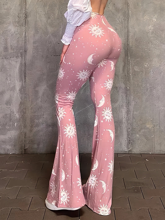 Polyester Spandex Blend Flare Leg Pants - Galaxy Moon Sun Print - Young Style for Adult Women - Spring/Fall Season SS69