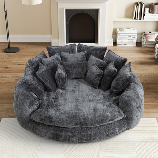 81.1" W Oversized Round Chaise Lounge, Fluffy Lazy Bean Bag Sofa With 14 Pillows, Comfy Chenille Upholstered Barrel Sleeper Bed, Modern Deep Seat Cloud Couch For Living Room Apartment SS69 783.69 Dark Gray