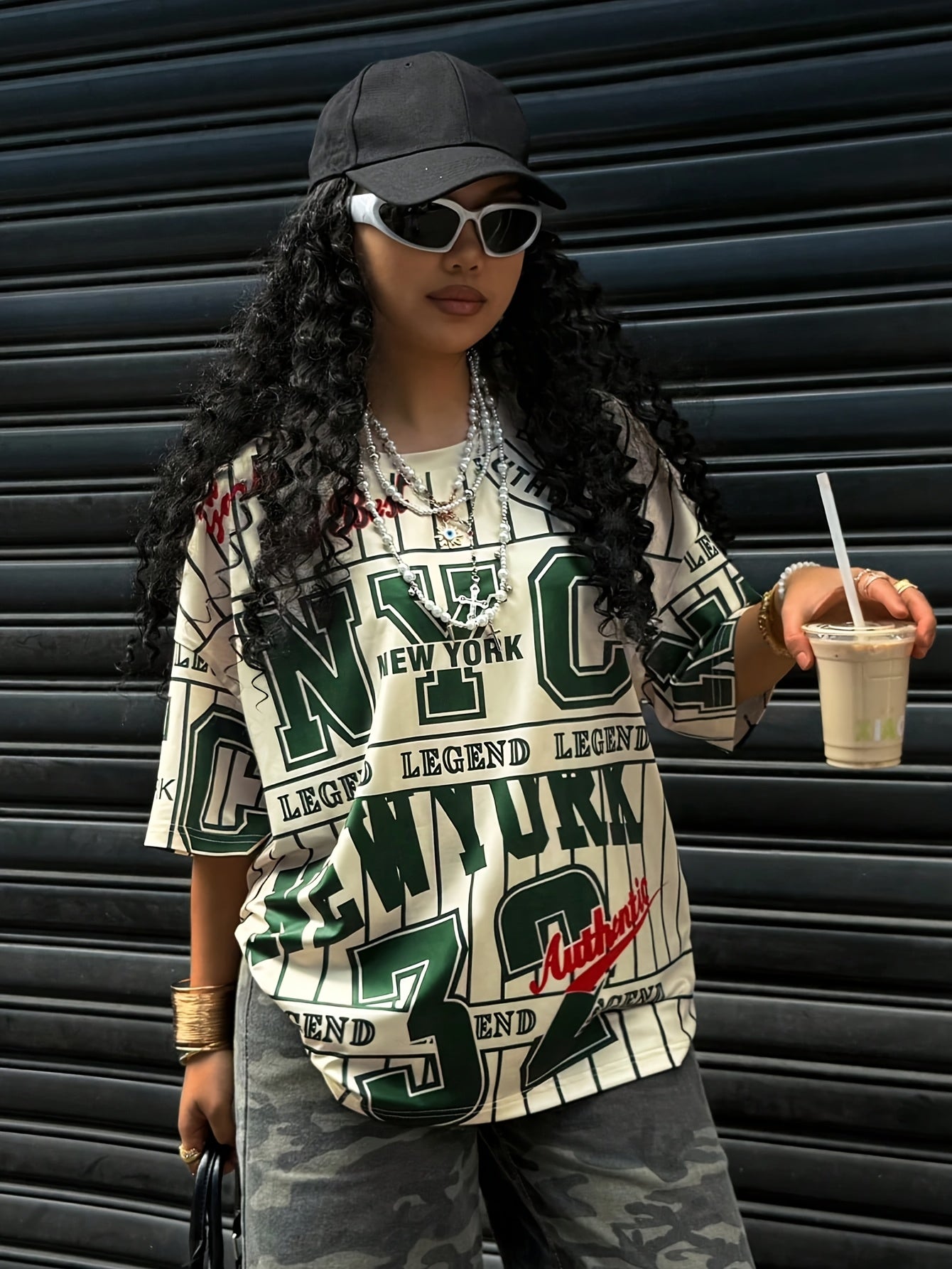 Women's NYC Legend Print Athletic T-Shirt - Casual Crew Neck, Short Sleeve, Lightweight Polyester, Spring/Summer Fashion Top with "N.Y.C. LEGEND" Design, Streetwear Fashion | Trendy Graphic Tee | Glossy Texture Shirt, Ladies SS69