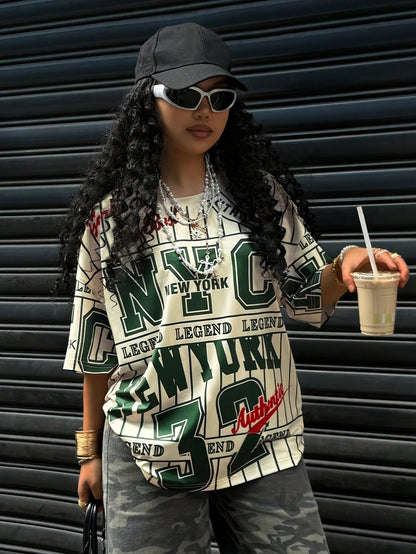 Women's NYC Legend Print Athletic T-Shirt - Casual Crew Neck, Short Sleeve, Lightweight Polyester, Spring/Summer Fashion Top with "N.Y.C. LEGEND" Design, Streetwear Fashion | Trendy Graphic Tee | Glossy Texture Shirt, Ladies SS69