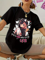 Anime Print T-shirt, Casual Short Sleeve Crew Neck Top For Spring & Summer, Women's Clothing SS69