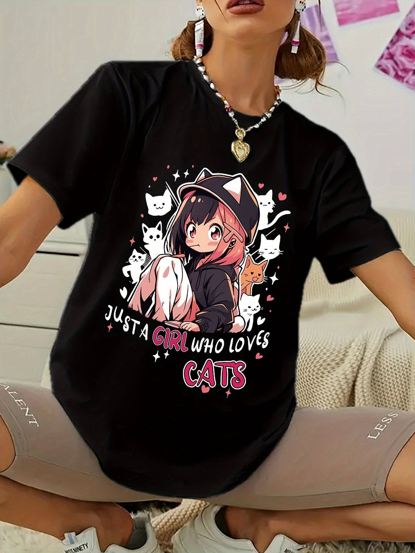 Anime Print T-shirt, Casual Short Sleeve Crew Neck Top For Spring & Summer, Women's Clothing SS69