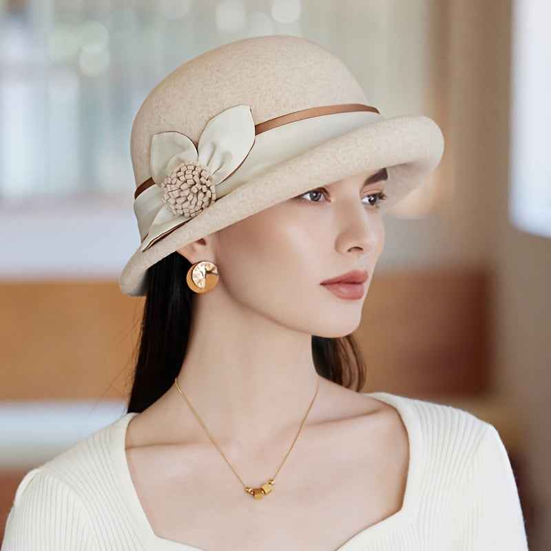 Women'S Elegant English Style Felt Hat - Lightweight Thermal Wide Brimmed Winter Bucket Hat with Brown Neckline, Soft Non-Elastic Design & Ear Flaps, All-Season Snug Fit for Weddings, Parties, New Year'S Events - Machine Wash