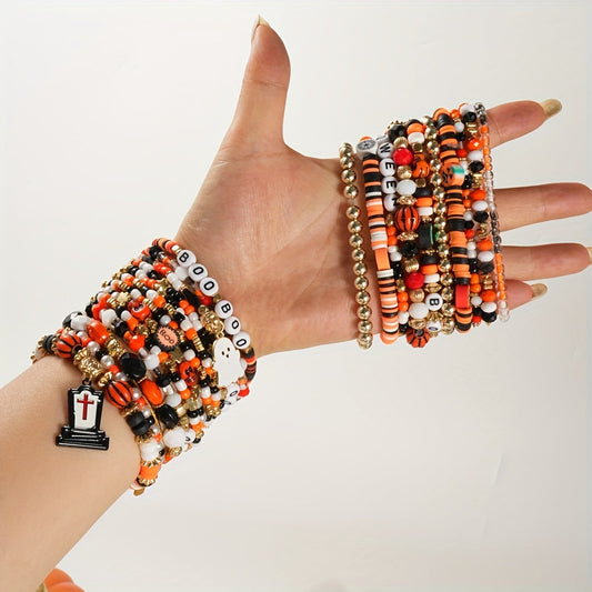 [Spooky Halloween Bracelets] 6/12/18/24/30/36pcs Spooky Halloween Beaded Bracelets | Goth Pumpkin Bat Witch Charm Stretch Stackable Bracelet Set for Women Men - Orange Beads Holiday Jewelry Gifts for Everyday Wear And Parties SS69