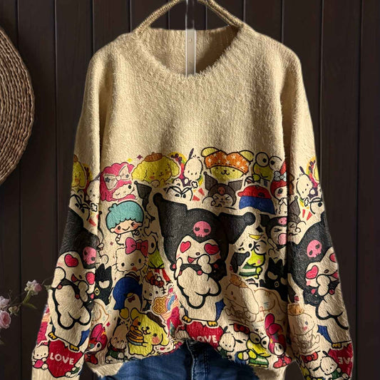 Sanrio for kuromi Women'S Vintage-Inspired Faux Fur Sweater - Cozy Loose Fit, Color-Block Design with Playful Cartoon Print, Long Sleeves, Round Neck, Perfect for Fall/Winter, Casual Wear, Casual Wear Sweater | Playful Print