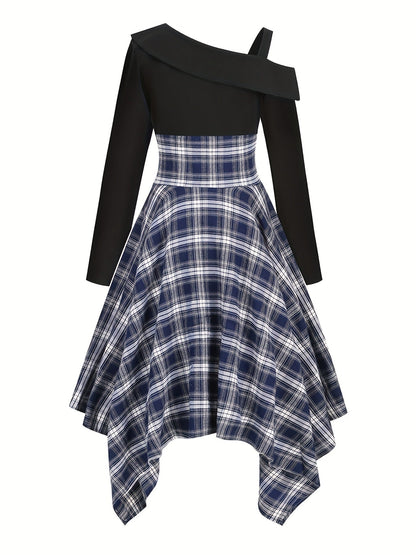 Vintage-Inspired Plaid Cocktail Dress - Fitted, Asymmetrical Neckline, Single Shoulder Strap Polyester Knit Fabric Dress for All-Season Wear SS69