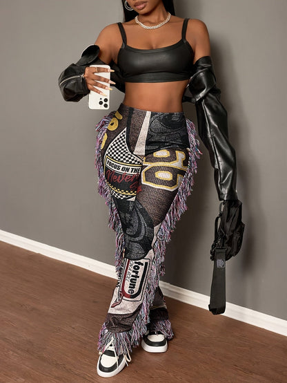 [Vibrant Graphic Pants] Vibrant Graphic Women's Straight-Leg Pants | Fringe Hem & Tassel Details, All-Season Machine Washable Comfort for Casual Attire SS69