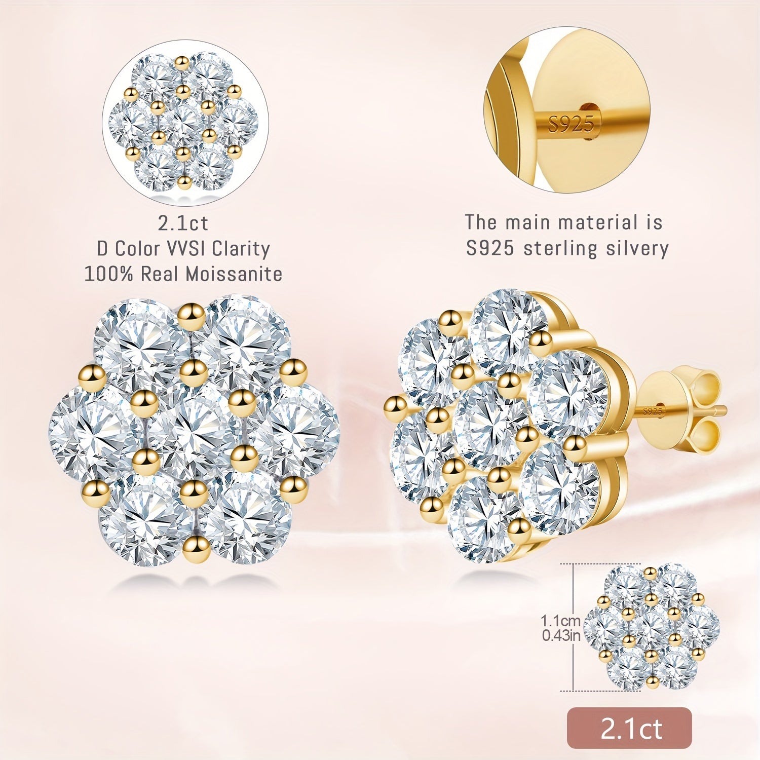 Moissanite Earrings, 4.2 Carat D Color VVS1 Flower Cut Diamond Moissanite Earrings, 925 Sterling Silvery Earrings, 18K White Gold Plated Fine Jewelry Earrings SS69