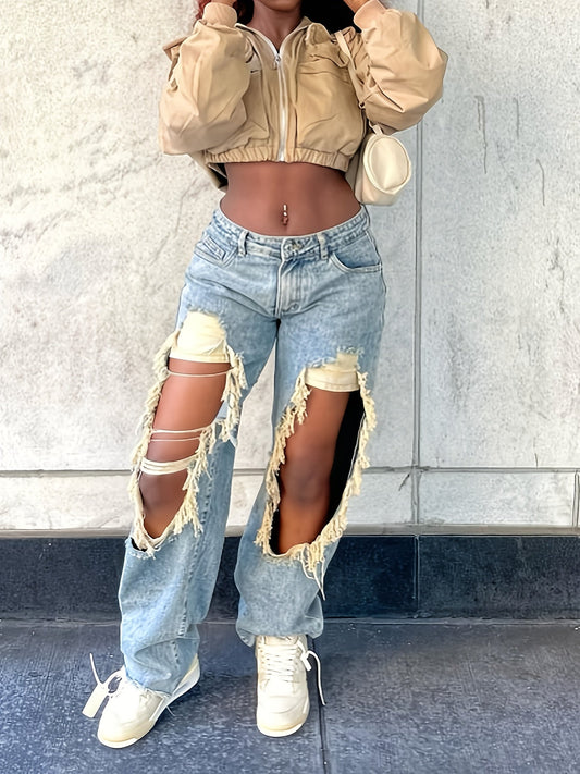 Women's High-Waisted Straight-Leg Jeans with Distressed Ripped Design - Trendy, Comfortable, and Versatile for All Seasons - Made of, Polyester, and Elastane Blend - Perfect for Casual Wear, Allseason Jeans | Vintage Style Je SS69