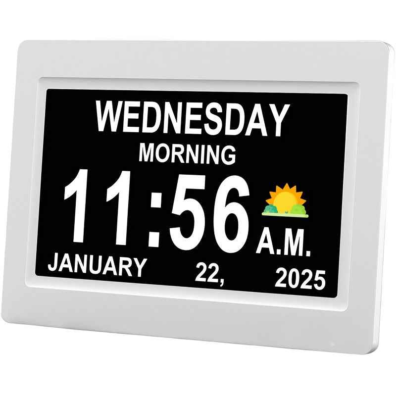 Large Digital Clock Designed for Seniors with Dementia, Featuring a Calendar Display, Alarms, And Functions As a Wall Clock Showing Day And Date. It Also Serves As an Alarm Clock, Desk Clock, Electronic Photo Frame, And Suppo
