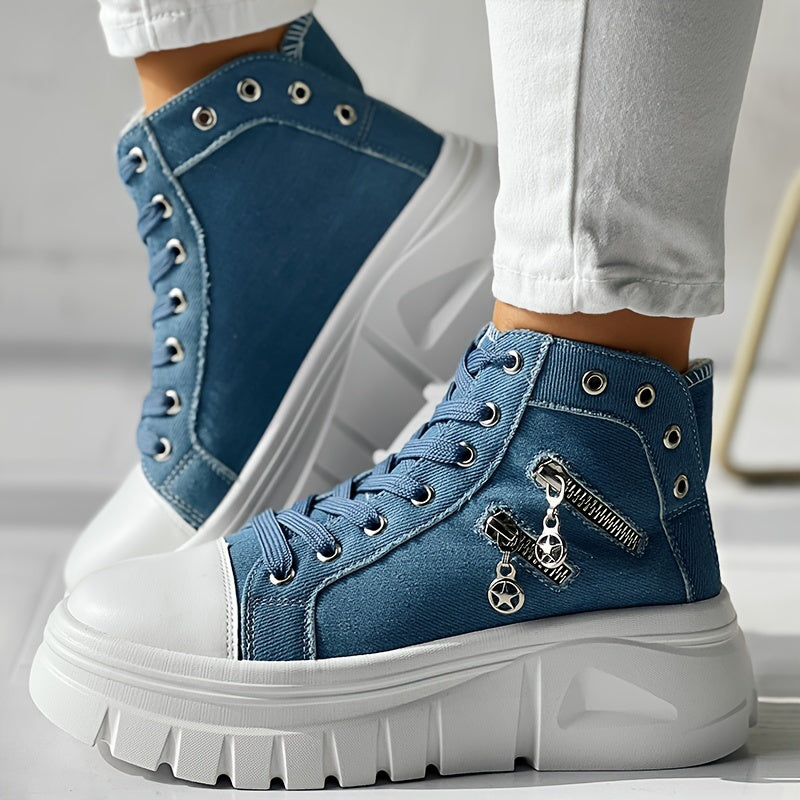 Heart Print Double Zipper Design Lace-up Sneakers - SS69