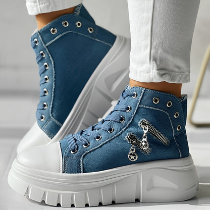 Heart Print Double Zipper Design Lace-up Sneakers - SS69