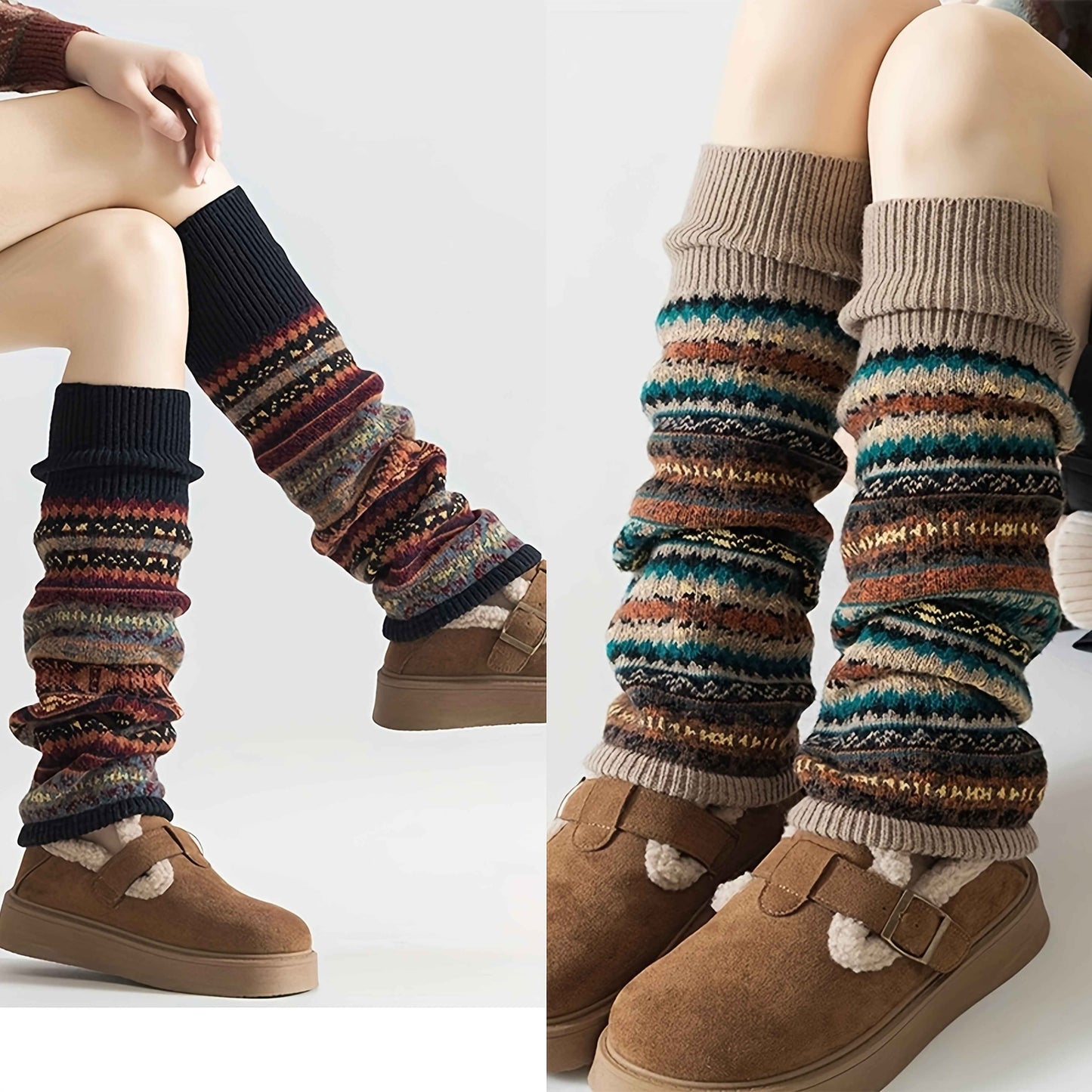 [Bohemian Leg Warmers] 1/2 Pair Women's Bohemian Leg Warmers - Cozy Geometric Pattern, Thick Warm Fleece-Lined Cuffs, Brown & Beige, Perfect for Fall & Winter, Winter Leg Warmers | Bohemian Style | Construction, Leg Warmers f