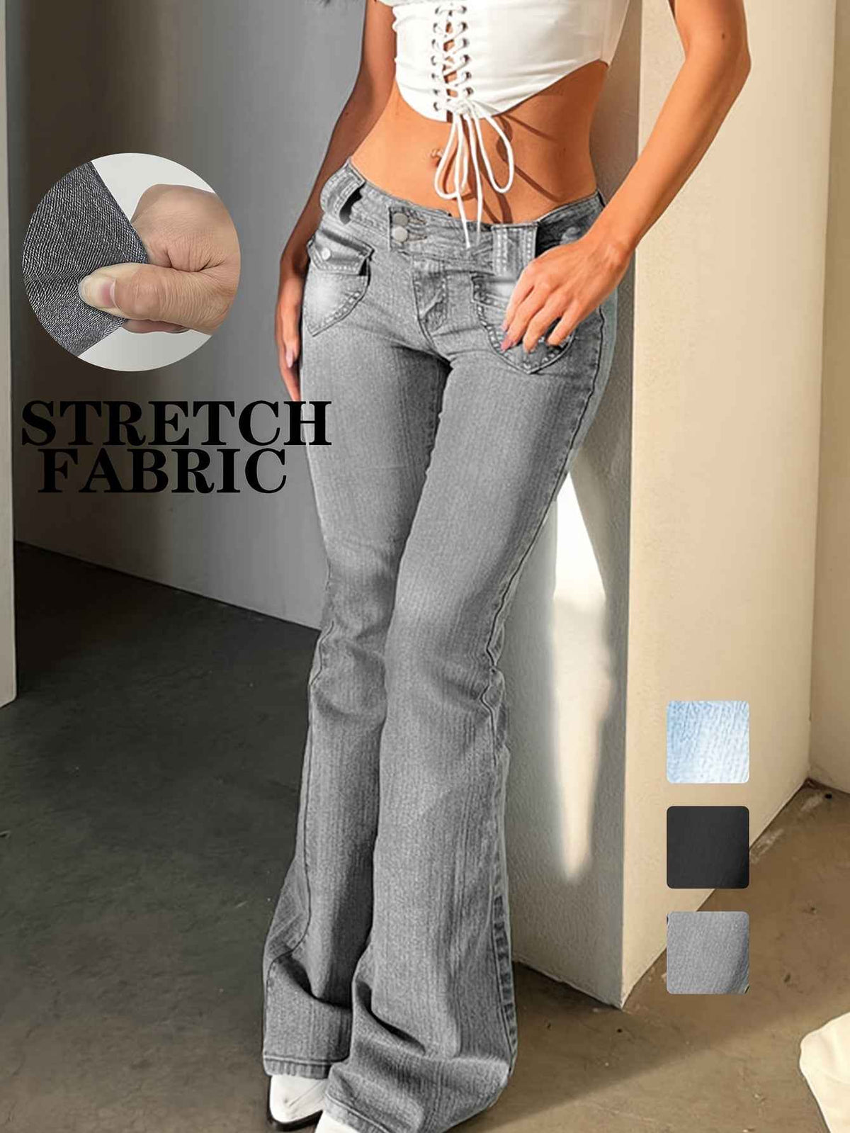 Women's Vintage Y2K Low-Rise Slim-Fit Flared Bell-Bottom Jeans Pants - Full-Length -Sweeping Trousers with Internal Zipper Closure, Machine Washable Retro for Casual Streetwear (Spring Summer Fall)
