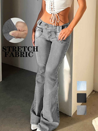 Women's Vintage Y2K Low-Rise Slim-Fit Flared Bell-Bottom Jeans Pants - Full-Length -Sweeping Trousers with Internal Zipper Closure, Machine Washable Retro for Casual Streetwear (Spring Summer Fall)