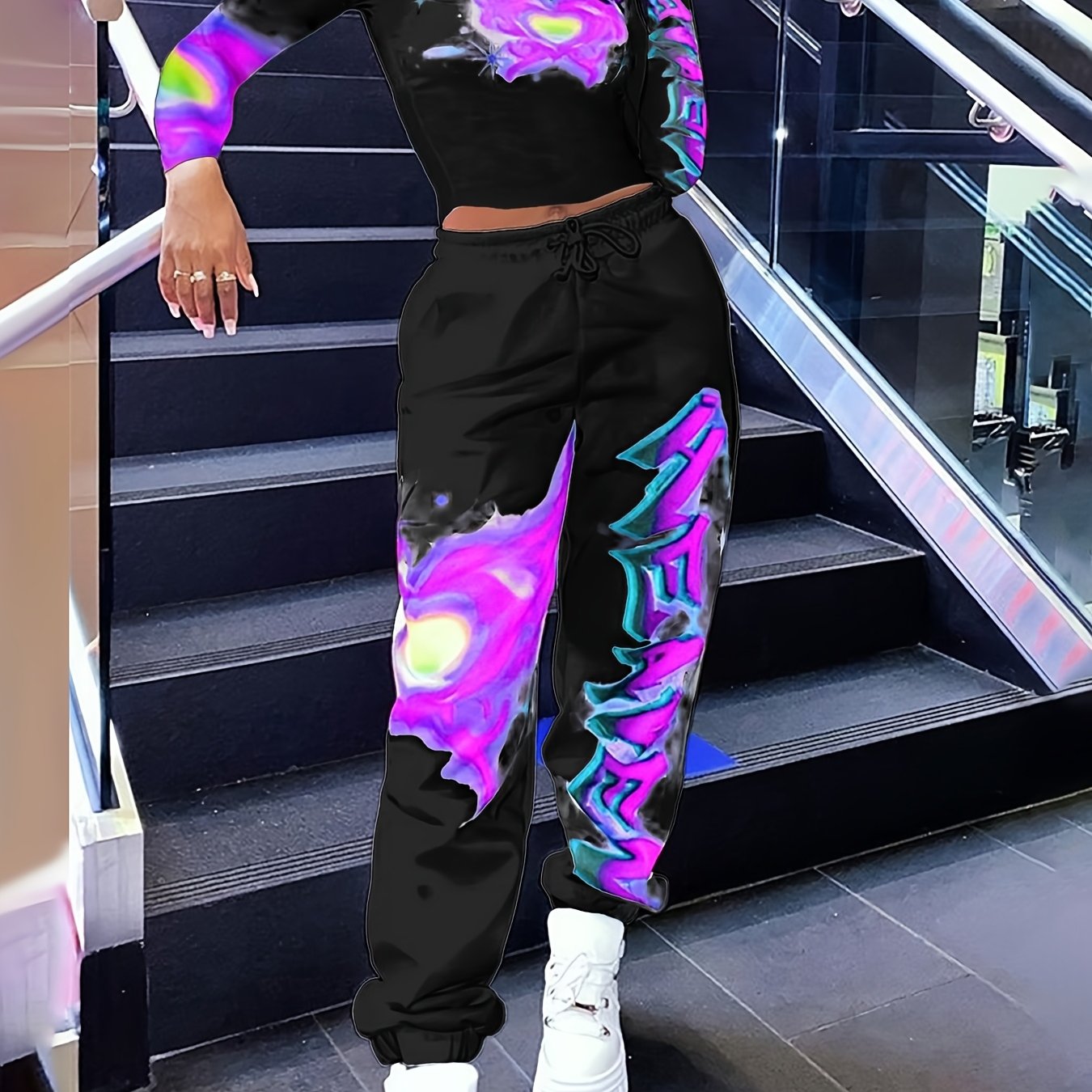 [Vibrant Y2K-Inspired Activewear Set] Vibrant Y2K-Inspired Heart & Letter Print Activewear Set - Long Sleeve Crop Top & Drawstring Joggers, Polyester/Spandex Blend, Perfect for Daily Fitness & Outdoor Fashion - SS69