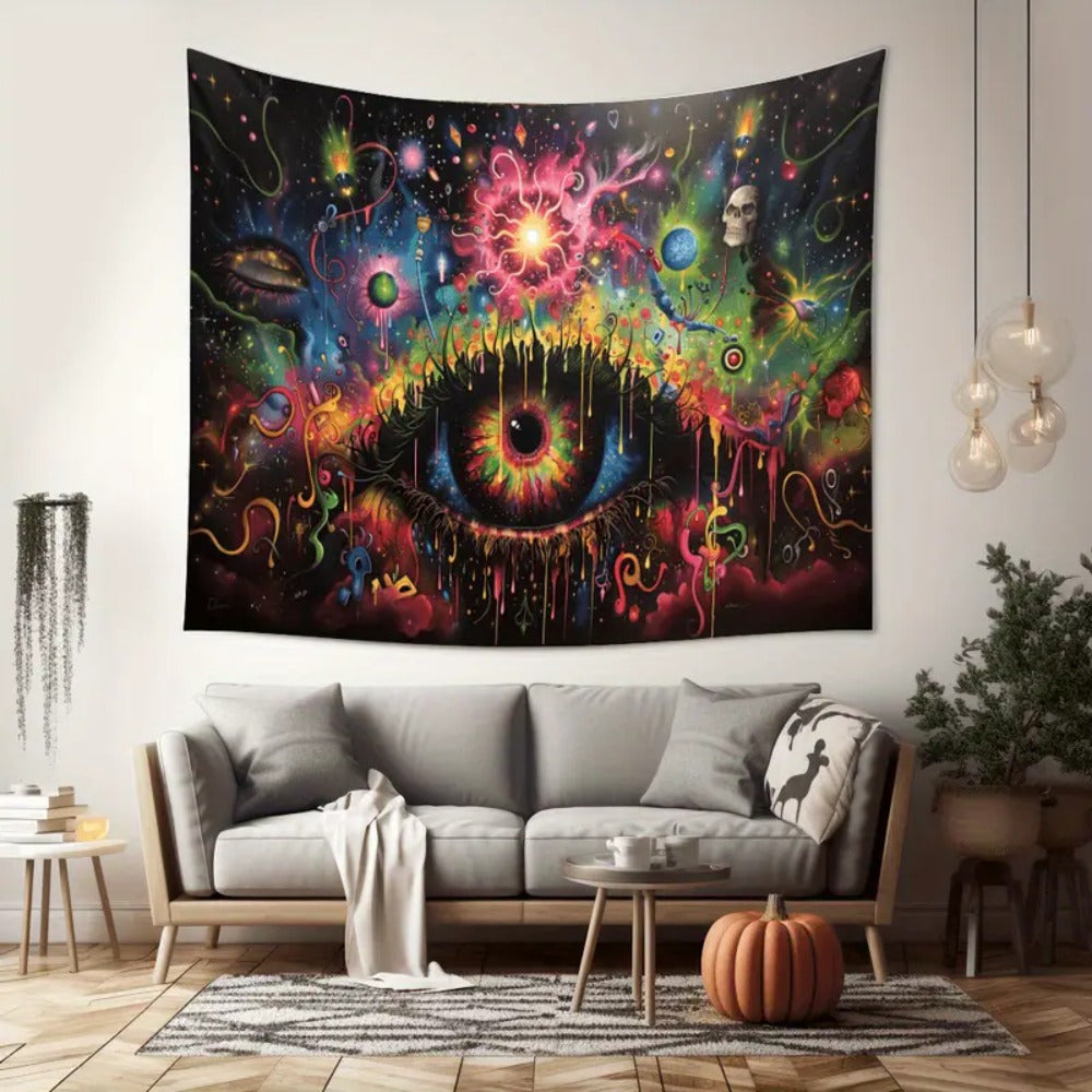 1pc Vibrant Psychedelic Eye Tapestry Wall Hanging – Contemporary Polyester Art with Cosmic Design, No Feathers, Electricity-Free, Perfect for Living Room & Bedroom Decor, Festive Room Accent | Psychedelic Wall Art | Woven T SS69