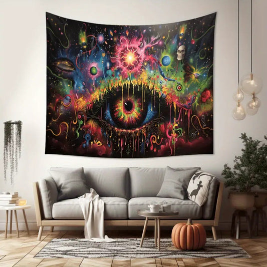 1pc Vibrant Psychedelic Eye Tapestry Wall Hanging – Contemporary Polyester Art with Cosmic Design, No Feathers, Electricity-Free, Perfect for Living Room & Bedroom Decor, Festive Room Accent | Psychedelic Wall Art | Woven T SS69