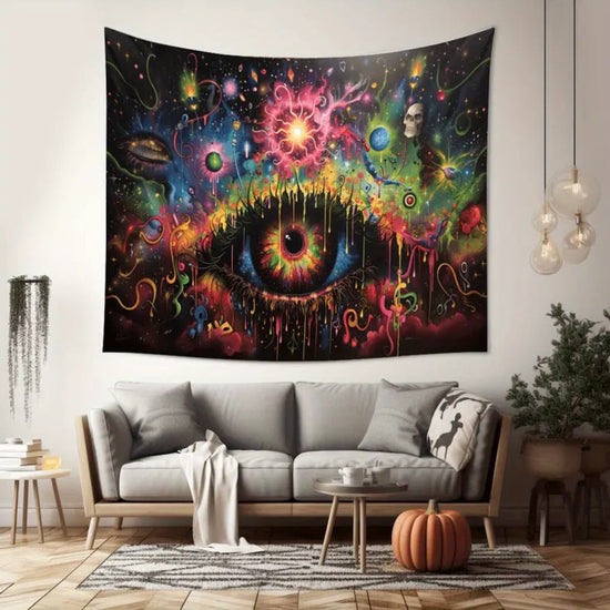 1pc Vibrant Psychedelic Eye Tapestry Wall Hanging – Contemporary Polyester Art with Cosmic Design, No Feathers, Electricity-Free, Perfect for Living Room & Bedroom Decor, Festive Room Accent | Psychedelic Wall Art | Woven T SS69