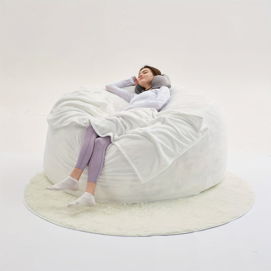 Beanbag Sofa Chair include Filler(Give 3 Gifts:U-shape pillow, blanket pillow, 6FT carpet), Large Round Soft Fluffy Flannel Removable Machine Washable beanbag Sofa, 50 lb Memory Sponge Filled Living Room Bedroom Gamingroom So SS69 122.69 5 Feet / White