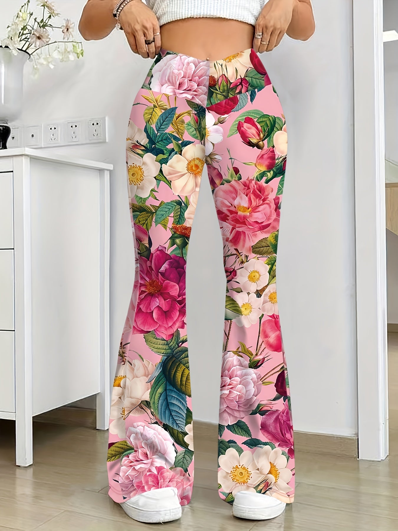 Elegant High-waisted Flared Pants with Floral Print for Women