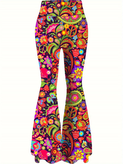 Women's High-Waisted Flared Pants - Stretchy Floral bell-bottoms with Elastic Waist, Non-See-Through Fabric for Parties, Everyday & Formal Events - Machine Washable All-Season Trousers, Party Attire, Comfortable Fit, Versatil