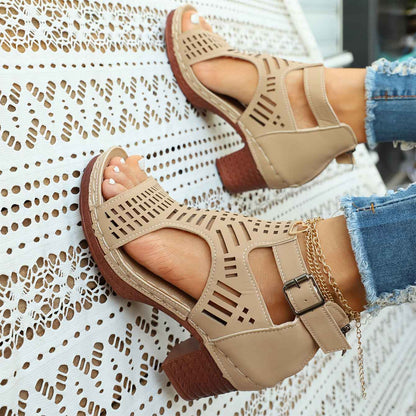 Women'S Summer Open-Toe Heel Sandals- Black Perforated Hollow Design, Ankle Strap And Zipper Closure, Stylish Breathable Casual Outdoor Shoes, Large-Size High-Heeled Sandals, Size US6-US11