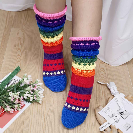 A Pair of Ins-Style Winter Women's Colorful Striped Crew Socks, Cross-Border Women's Mid-Calf Warm Color-Block Floor Socks, Cozy Footwear, Trendy Socks, Insstyle Fashion, Hand Wash Care, Durable Stitching, Women's Socks, Crew
