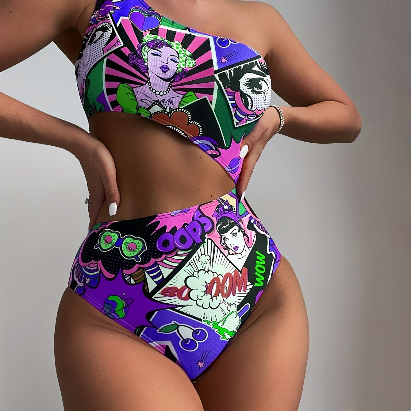 Women'S Vibrant One-Shoulder Swimsuit with Colorful Cartoon Characters - High Stretch, Asymmetrical Design, Perfect for Beach and Pool, Pool Swimsuit|Playful Design|One Shoulder Swimsui SS69