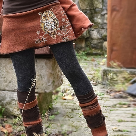 Women's Retro Color-Block Jumpsuit with Elastic Waistband & Owl Print - High-Stretch Machine-Washable Long Pants for Spring/Fall Casual Outings, Spring Fall Attire, Comfortable Fashion, Two-piece Look, Durable Fabric - SS69 