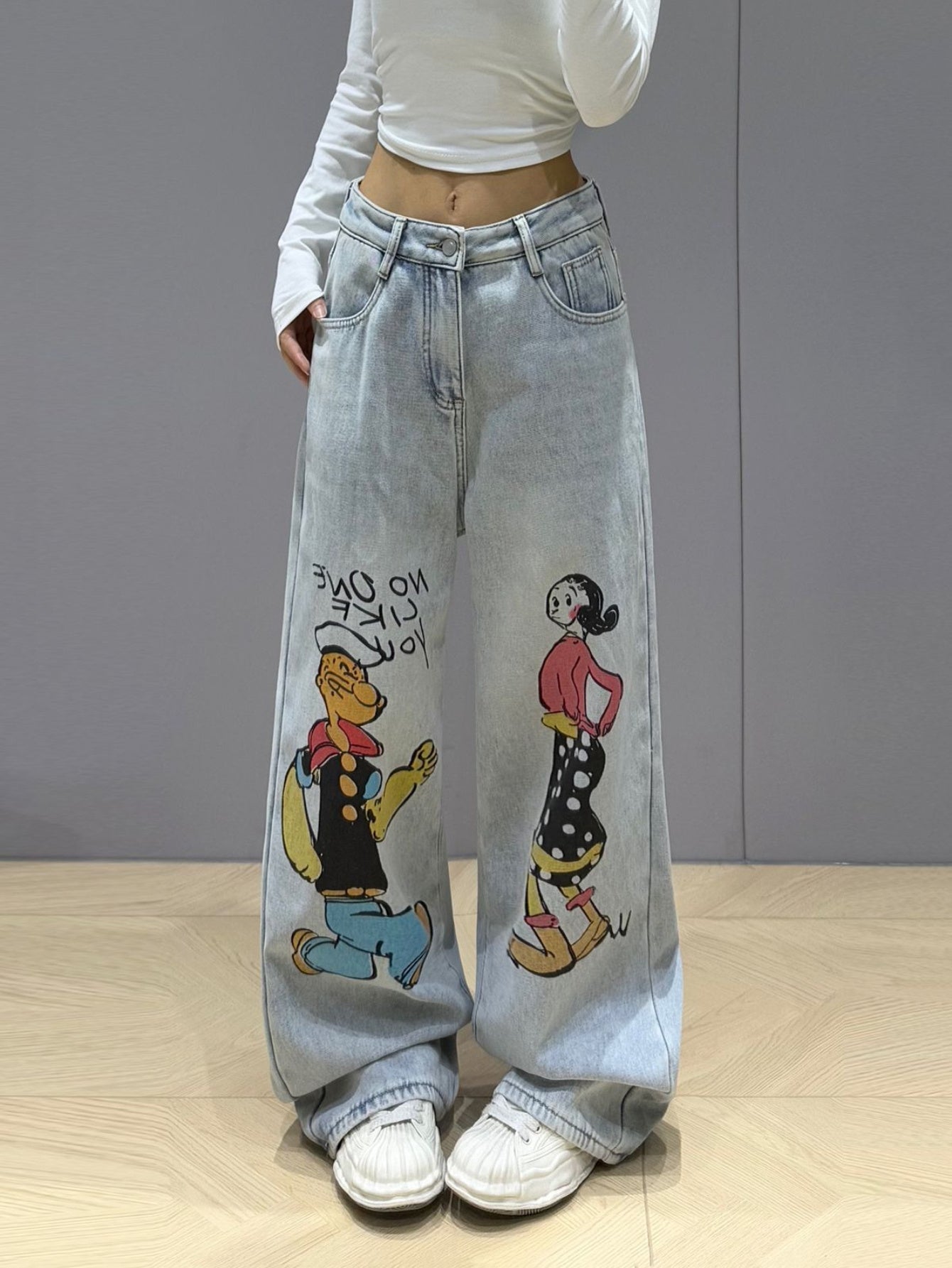 2025 new cartoon graffiti straight jeans for women light color casual versatile loose slim washed mopping trousers SS69