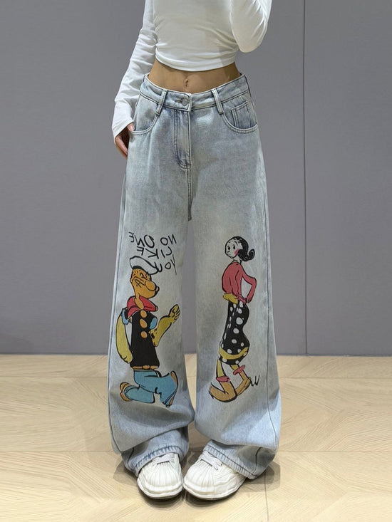 2025 new cartoon graffiti straight jeans for women light color casual versatile loose slim washed mopping trousers SS69