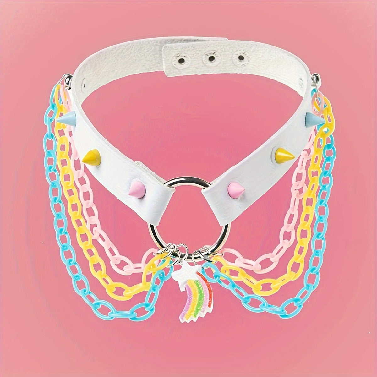 [Rainbow Choker Necklace for Party] Sweet and Edgy PU Leather Rainbow Choker Necklace - Perfect for Everyday and Party Wear SS69