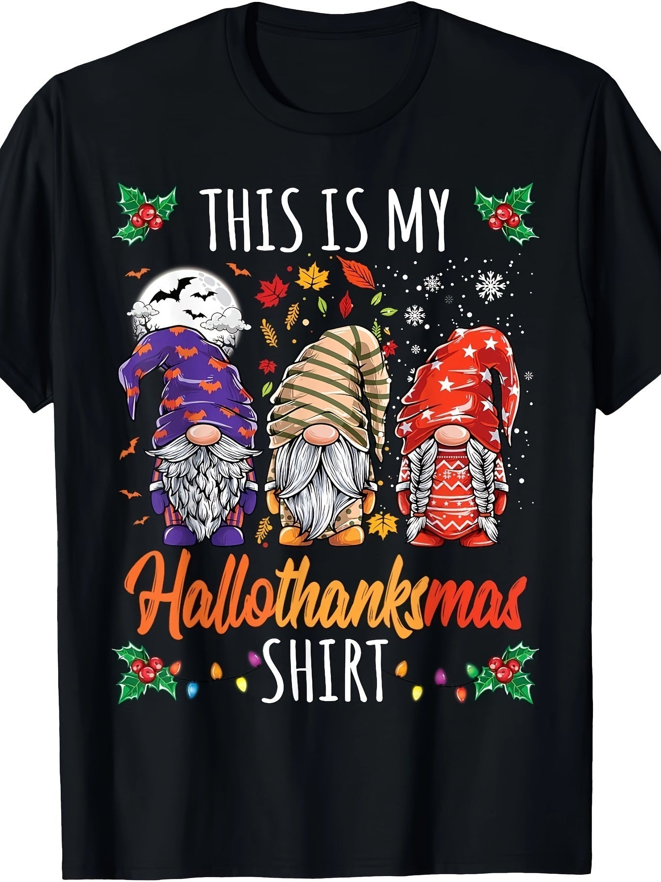 Men's Halloween & Thanksgiving Graphic T-Shirt - Black Short Sleeve Crew Neck with 3 Festive Gnomes, Autumn Leaves & Snowflakes Design - "This Is My Hallowthankmas Shirt" Casual Holiday Tee for Christmas Parties & Seasonal Ou SS69