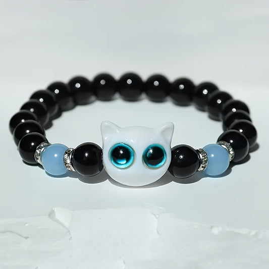 4pcs Light Up Cat Bead Bracelet + Multi-Layer Necklace, Vintage Cute Couple/ Friendship Light Up Adjustable Jewelry, Stretchy Black Bead Bracelet with Cat Decoration, Halloween/ Back-to-School Season SS69