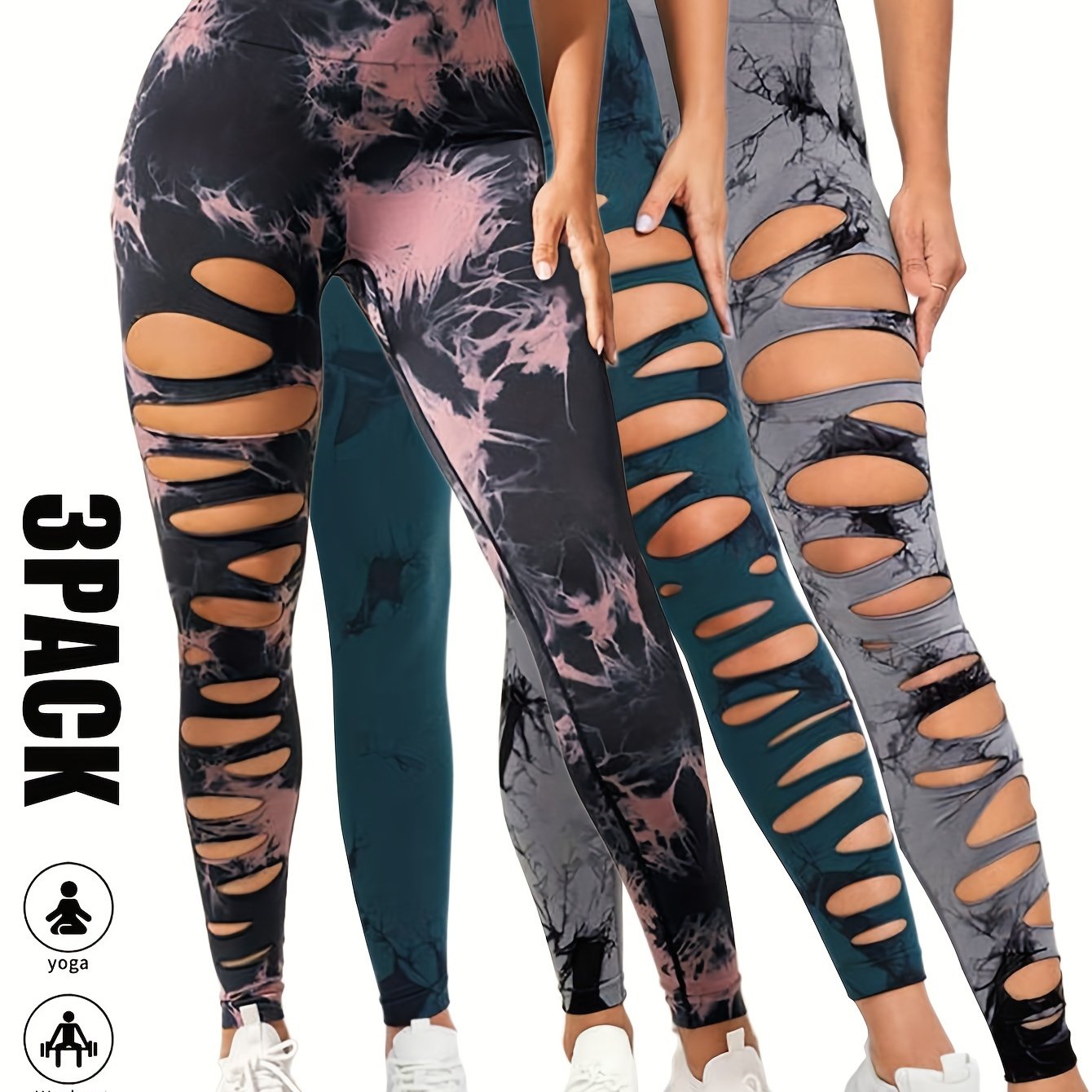 3 Pack High Waist Tie Dye Cutout Yoga Leggings - Scrunch Butt Lifting, Tummy Control, Elastic Workout Pants for Women SS69 42.69 3 Pack-GRY-BPN-DGN / S