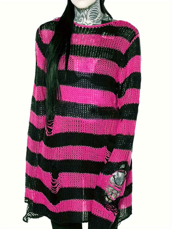 [Gothic Knitted Top] Gothic Long Loose-Fitting Knitted Top - Round Neck, Unique Torn Design with Contrasting Stripes